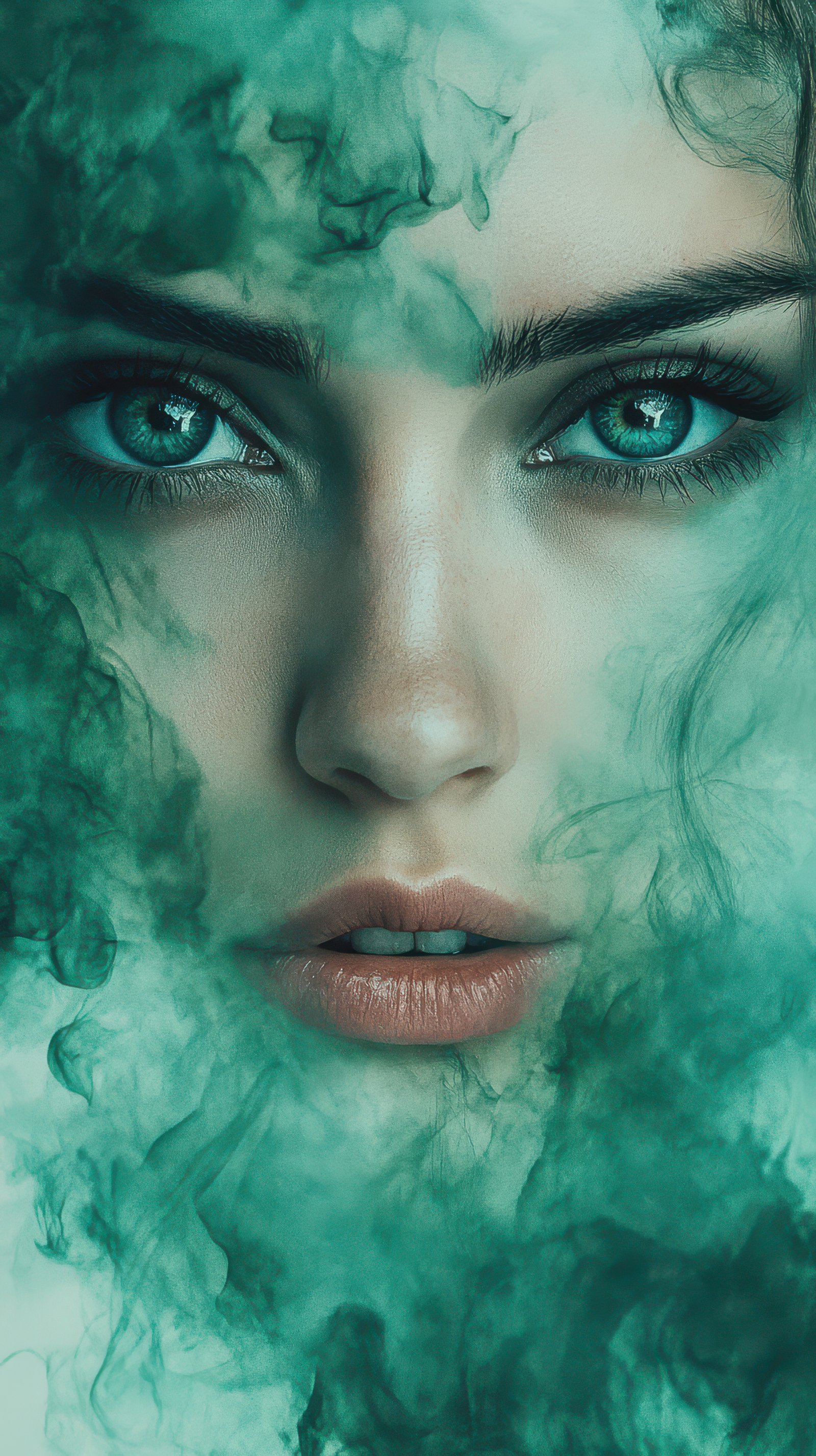 Mystical portrait of a woman with striking green eyes surrounded by swirling smoke